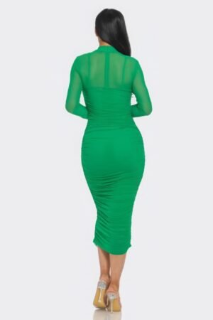 Solid Mesh Ruched Midi Dress Solid Mesh Ruched Midi Dress