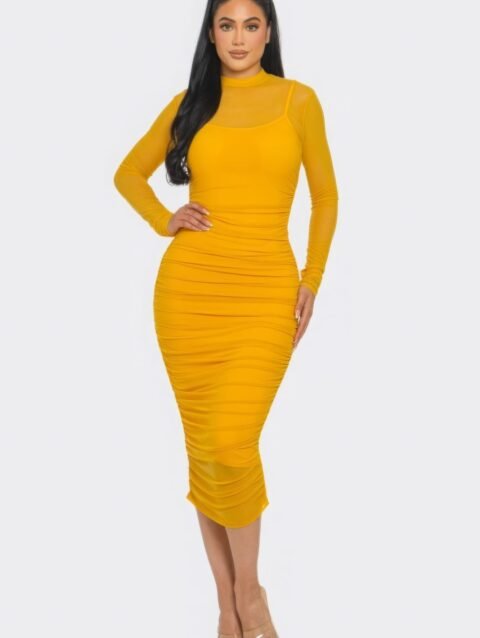 Solid Mesh Ruched Midi Dress