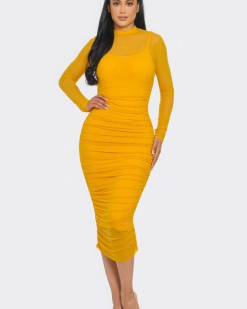 Solid Mesh Ruched Midi Dress