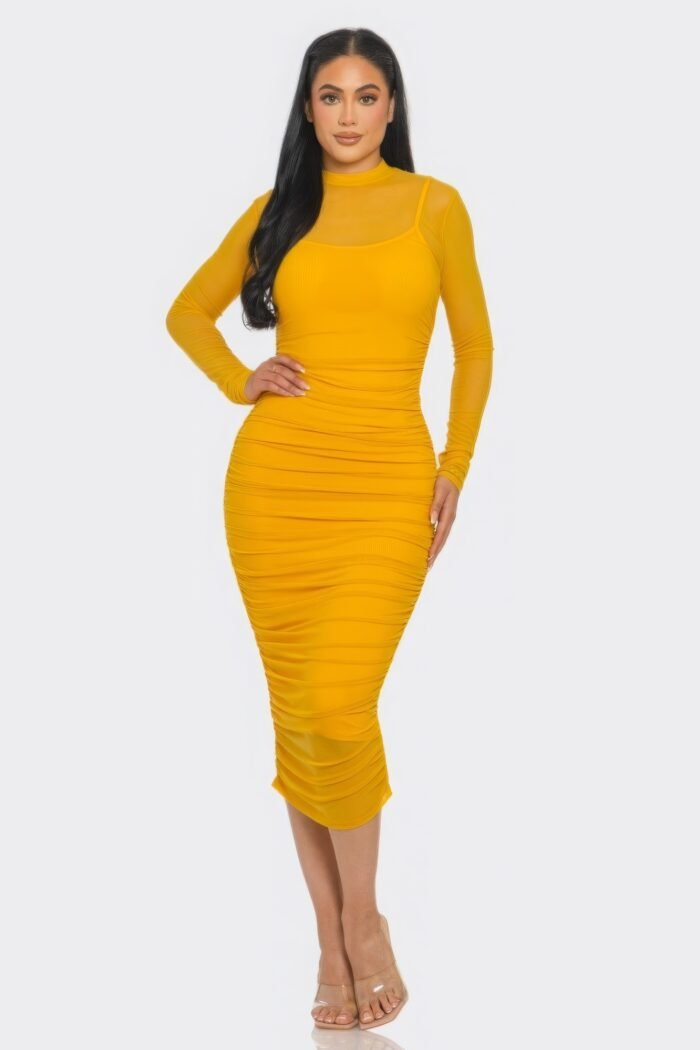 Solid mesh ruched midi dress - image 1