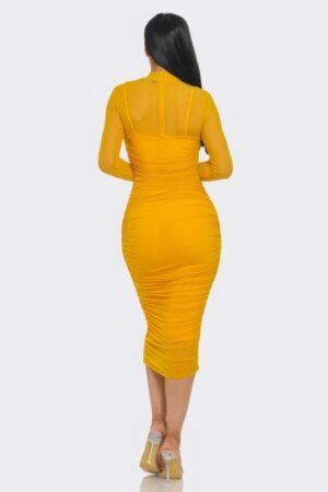 Solid Mesh Ruched Midi Dress Solid Mesh Ruched Midi Dress