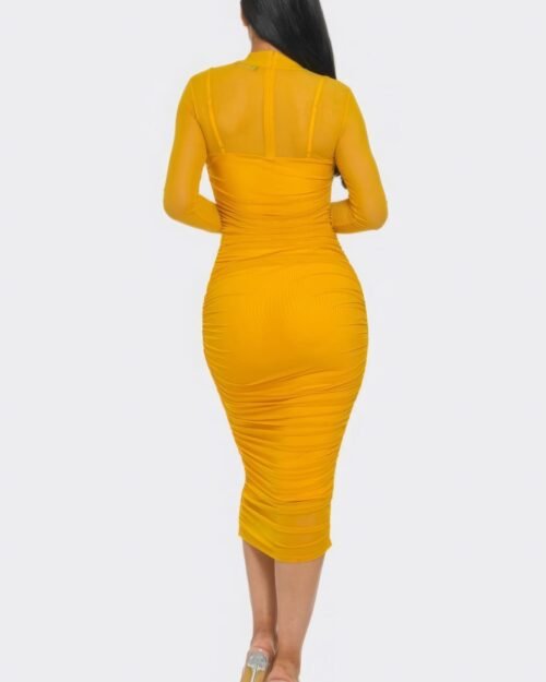 solid mesh ruched midi dress