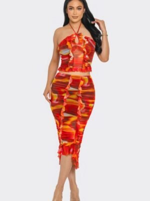 Tropical Waters Print Mesh Ruffle Halter Skirt Set