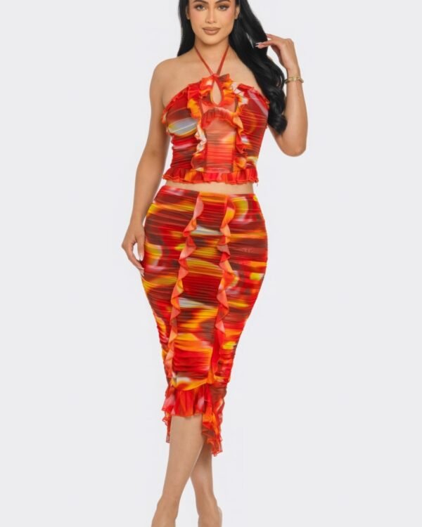 Tropical Waters Print Mesh Ruffle Halter Skirt Set