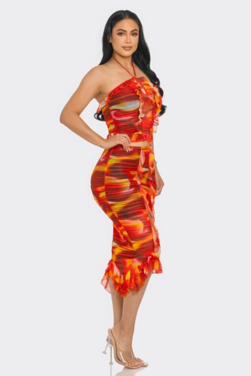Tropical Waters Print Mesh Ruffle Halter Skirt Set - Image 3