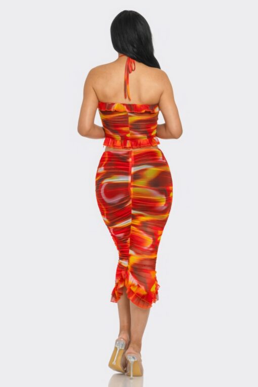 Tropical Waters Print Mesh Ruffle Halter Skirt Set - Image 4