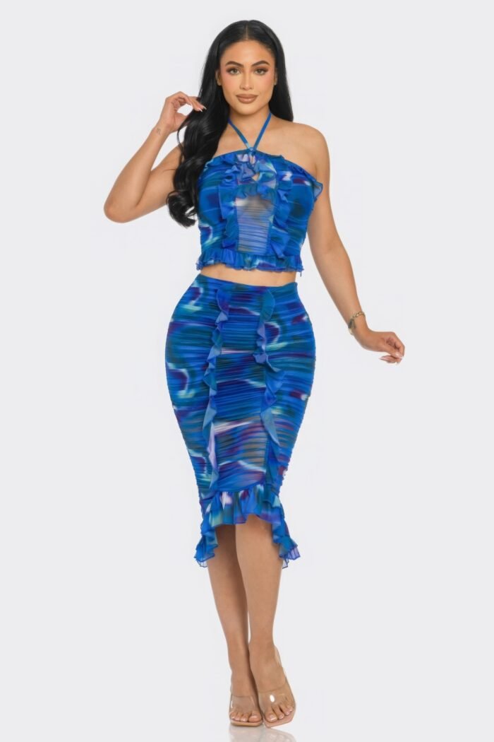 Tropical waters print mesh ruffle halter skirt set