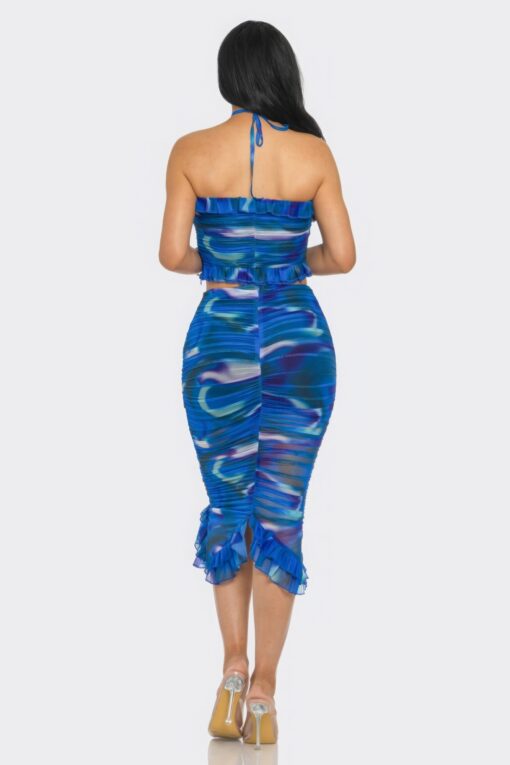 Tropical Waters Print Mesh Ruffle Halter Skirt Set - Image 8