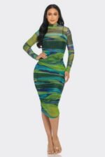 Glitch Print Mesh Ruched Midi Dress - Image 4