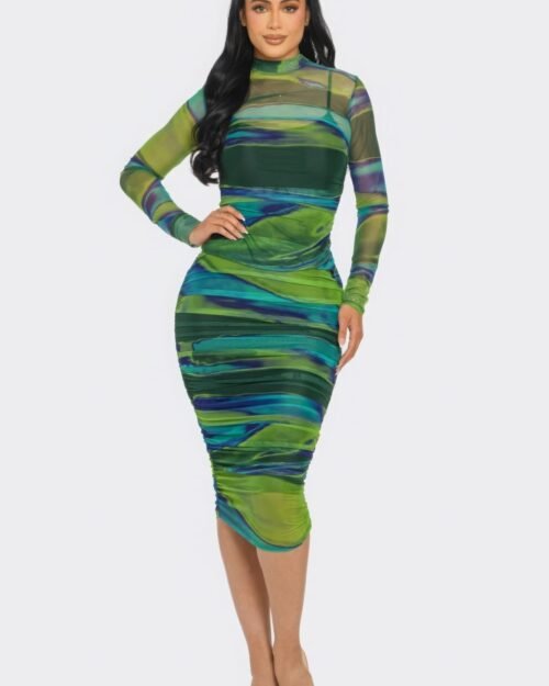 glitch print mesh ruched midi dress
