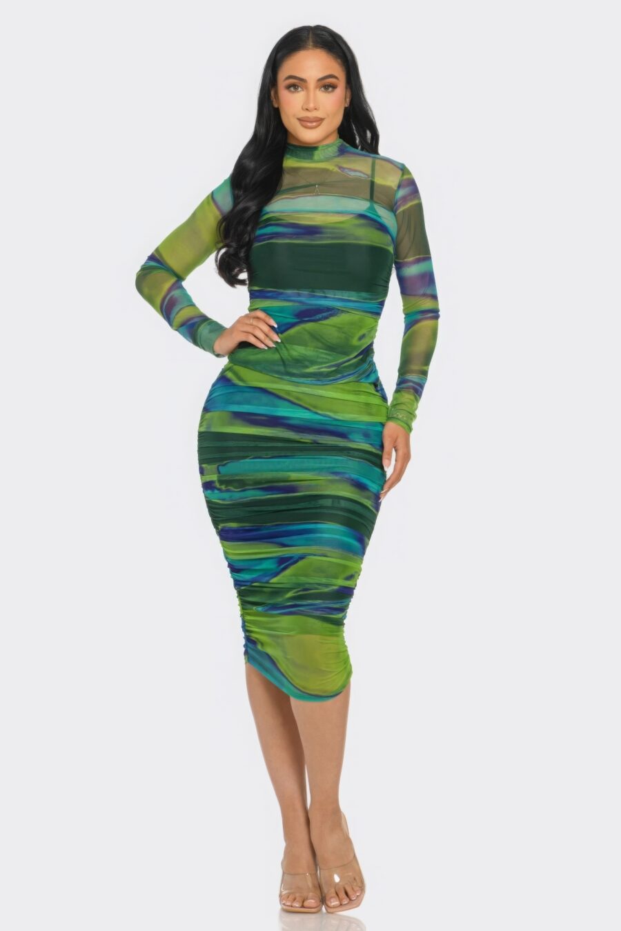 Glitch print mesh ruched midi dress