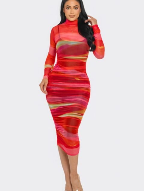 Glitch Print Mesh Ruched Midi Dress