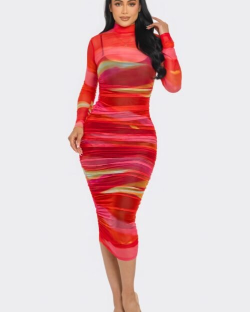 Glitch Print Mesh Ruched Midi Dress