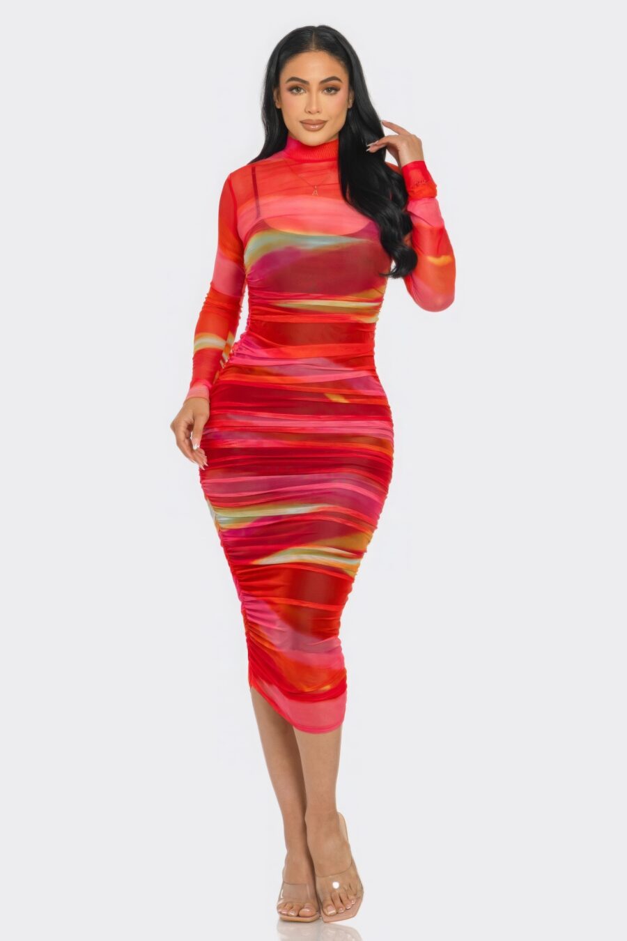 Glitch print mesh ruched midi dress