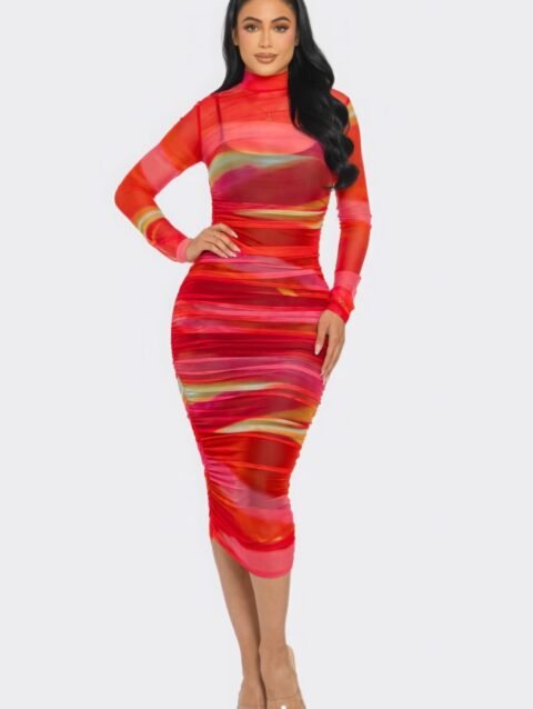 Glitch Print Mesh Ruched Midi Dress