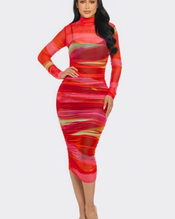 Glitch Print Mesh Ruched Midi Dress