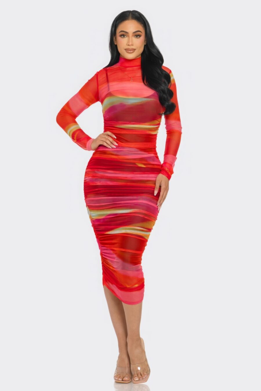 Glitch print mesh ruched midi dress