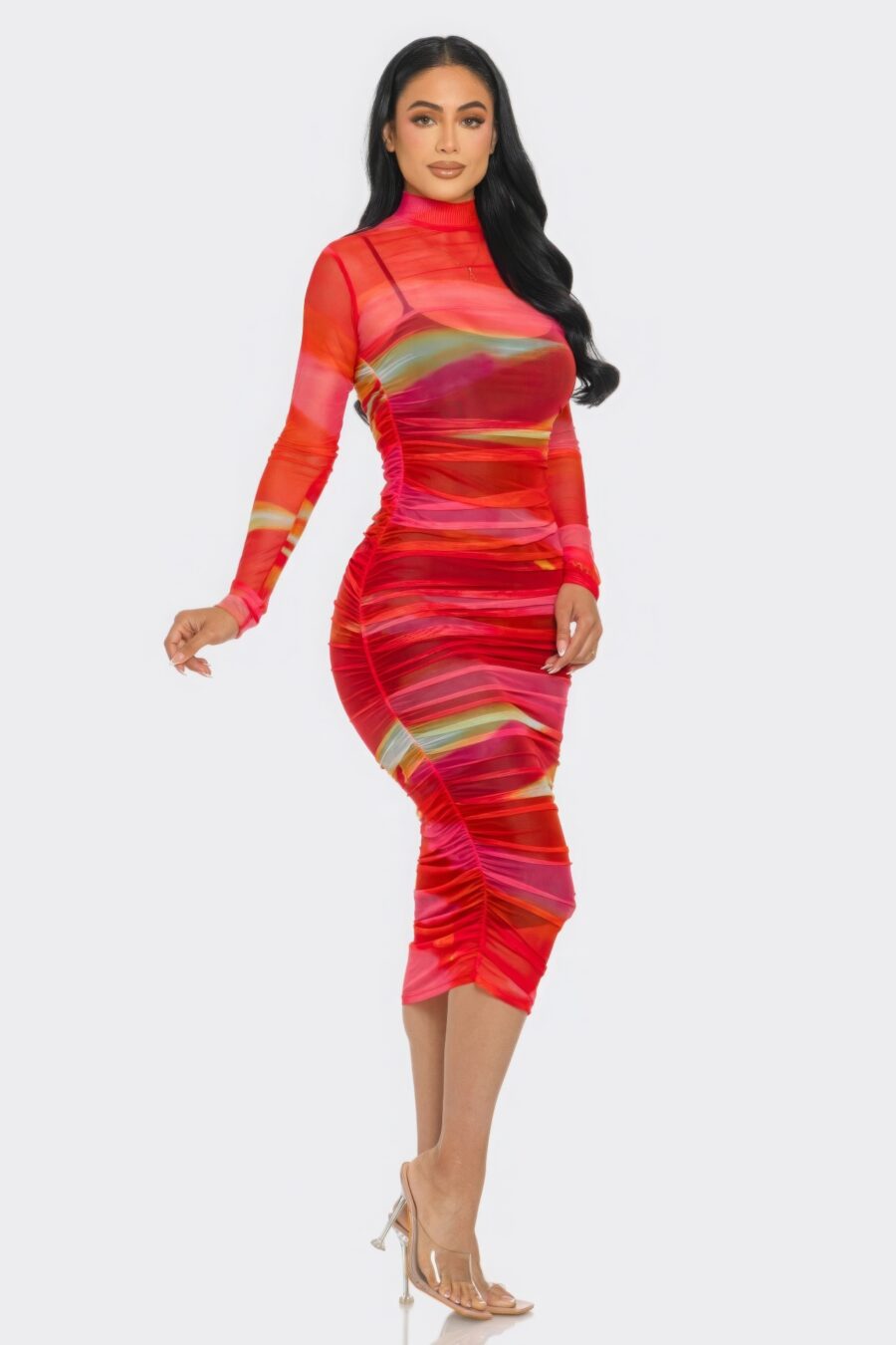 Glitch print mesh ruched midi dress