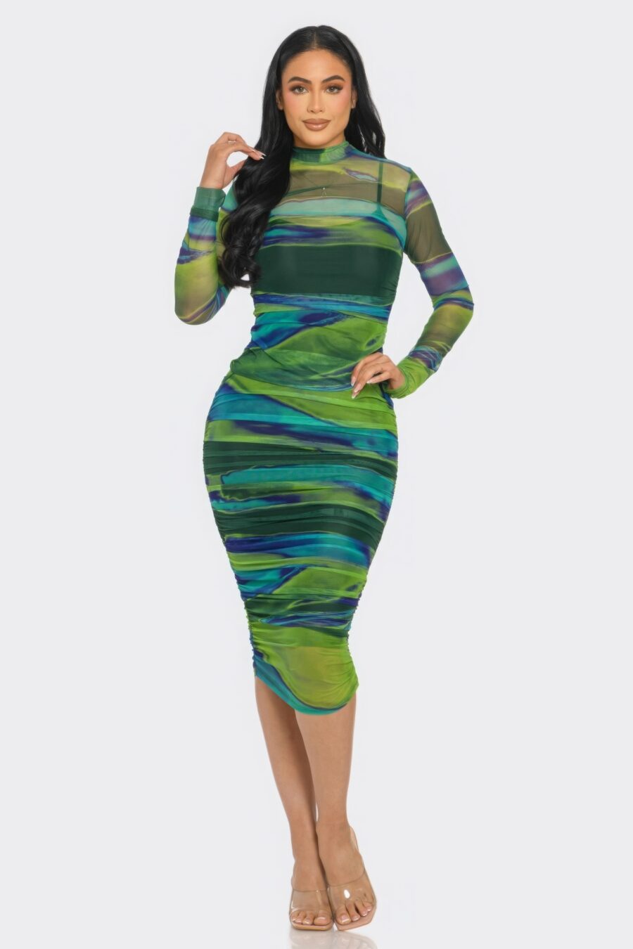 Glitch print mesh ruched midi dress