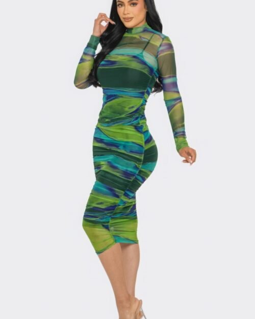 glitch print mesh ruched midi dress