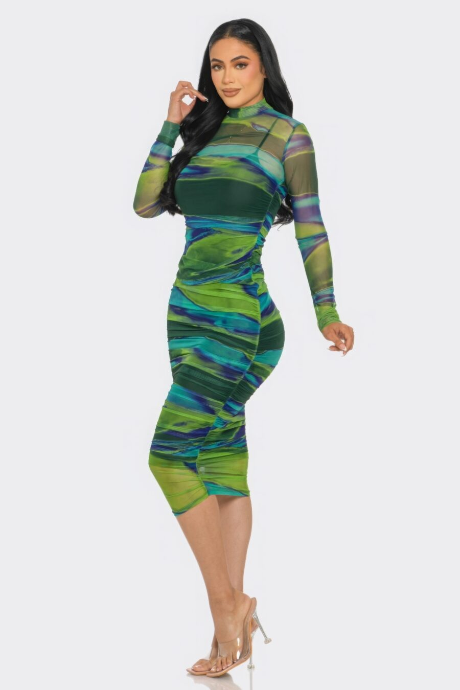 Glitch print mesh ruched midi dress