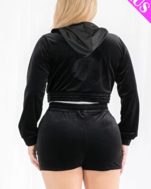 plus size velour crop zip up hoodie and shorts set