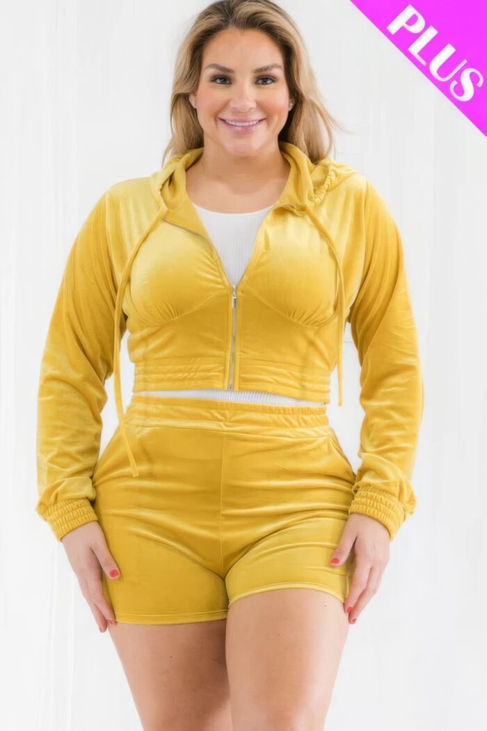 Plus size velour crop zip up hoodie and shorts set