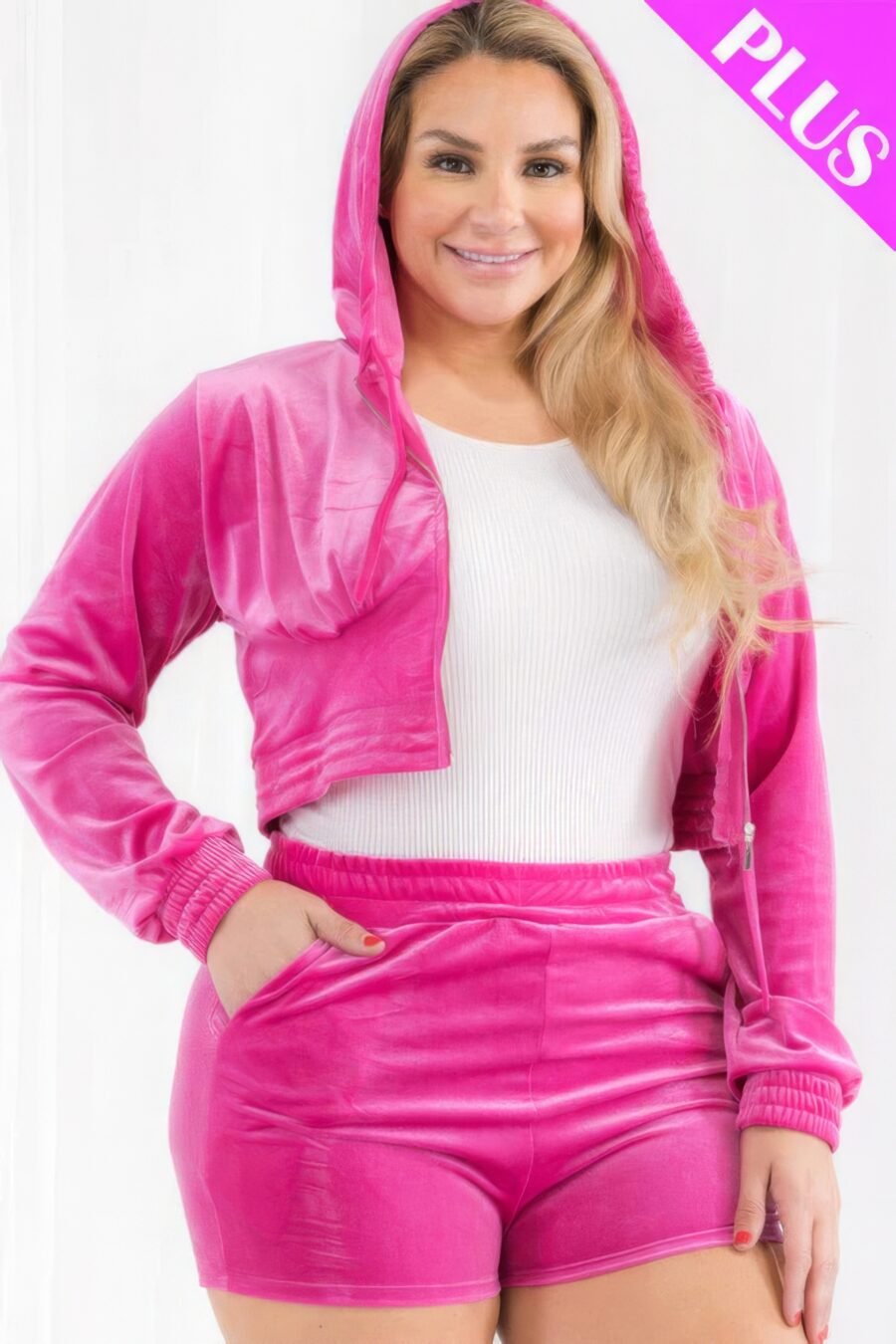 Plus size velour crop zip up hoodie and shorts set