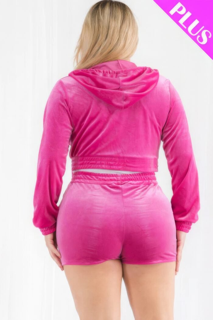Plus size velour crop zip up hoodie and shorts set