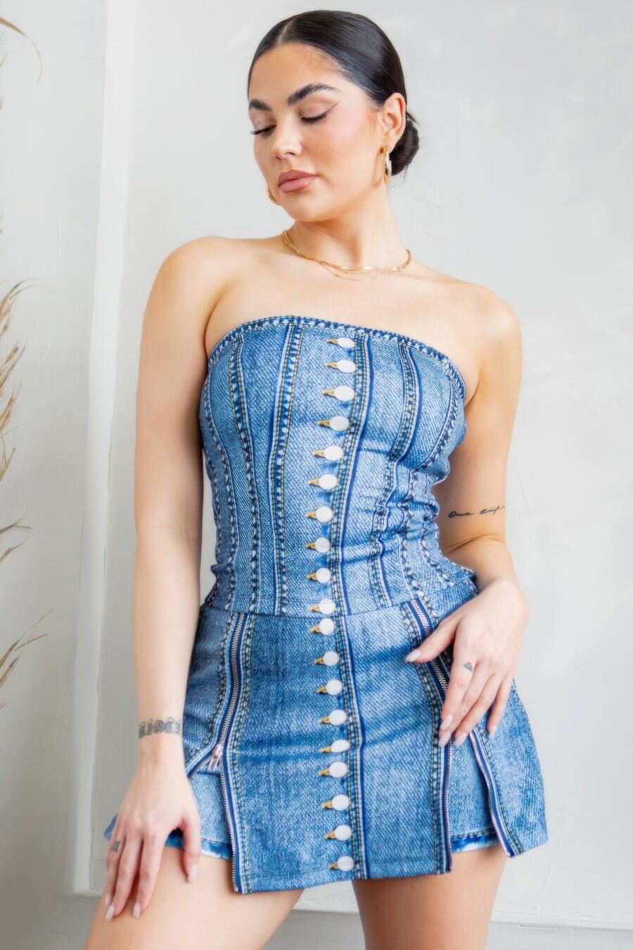 Denim effect corset top & bottom set