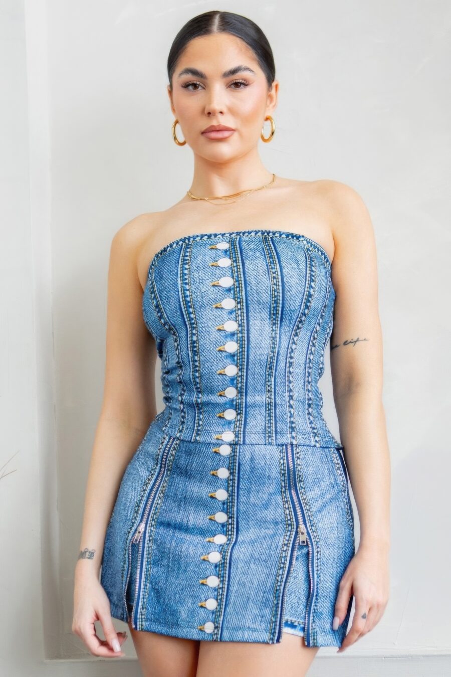 Denim effect corset top & bottom set