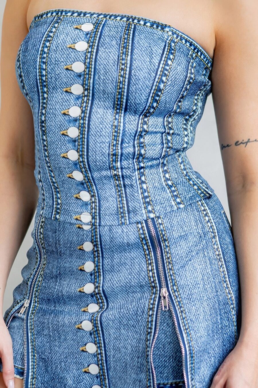 Denim effect corset top & bottom set