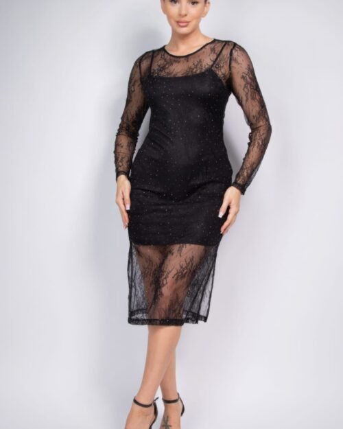 lace rhinestone-studded slit midi dress