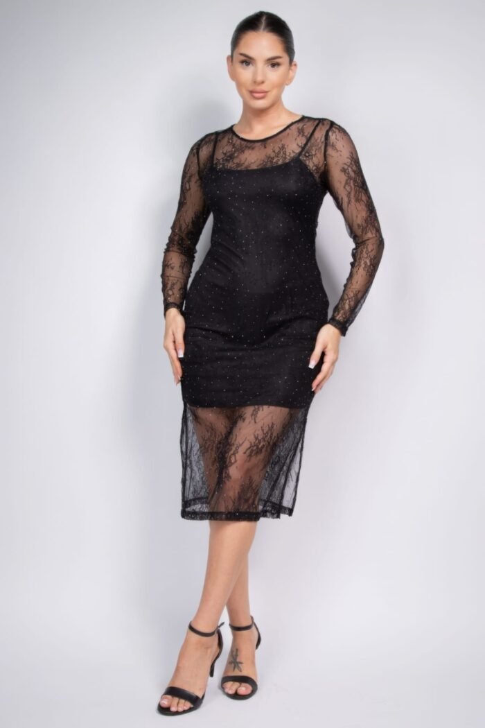 Lace rhinestone-studded slit midi dress