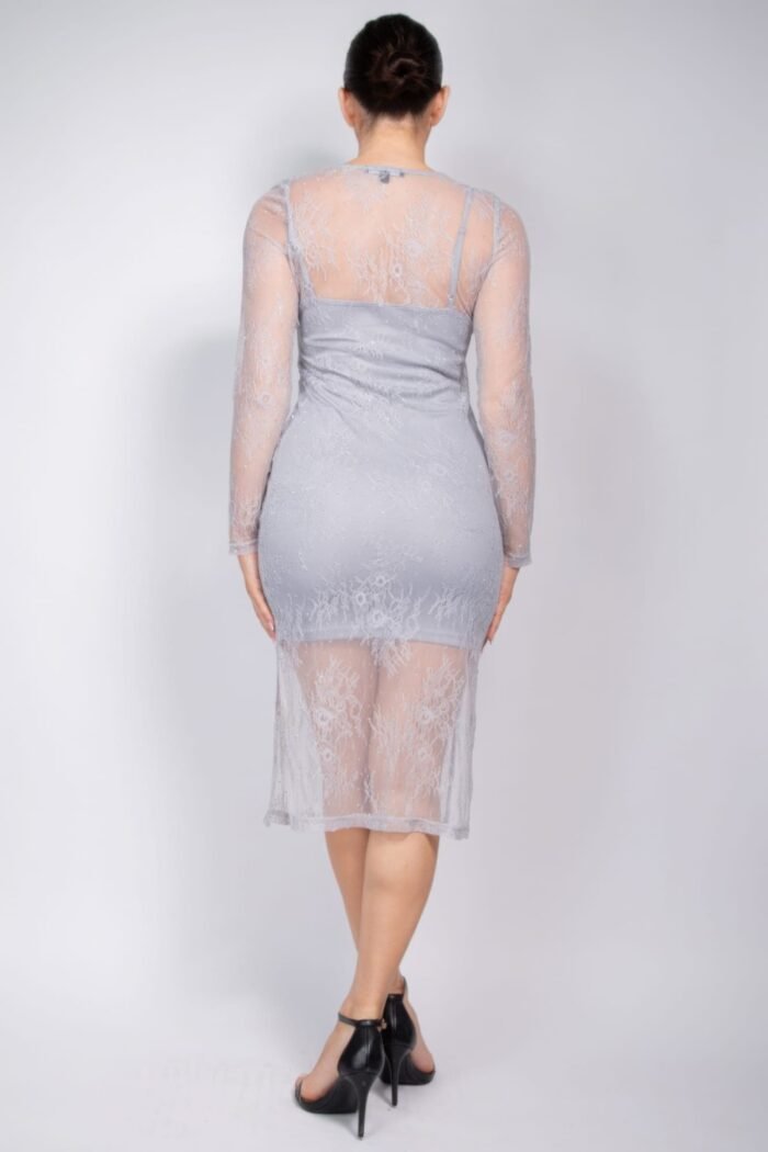 Lace rhinestone-studded slit midi dress