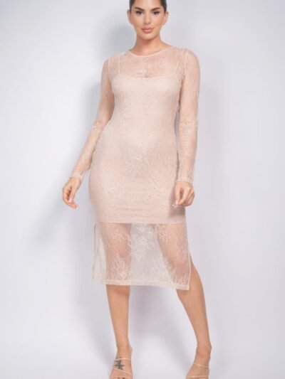 Lace Rhinestone-studded Slit Midi Dress