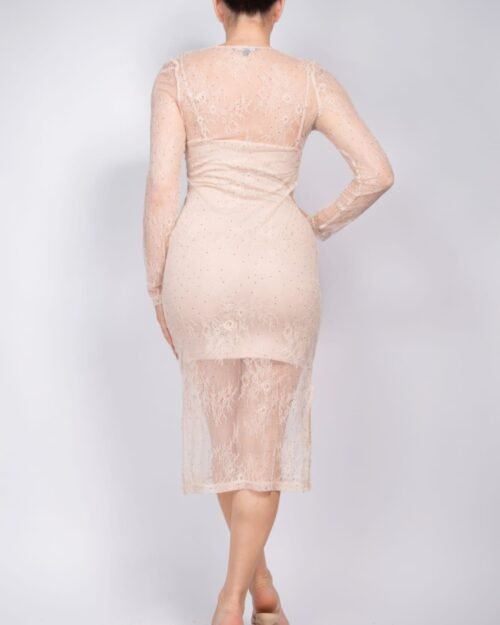 lace rhinestone-studded slit midi dress