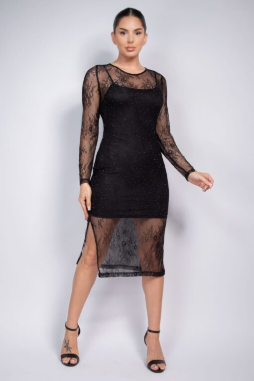 Lace Rhinestone-studded Slit Midi Dress - Image 12