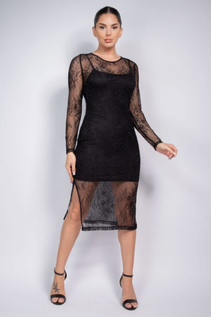 Lace rhinestone-studded slit midi dress