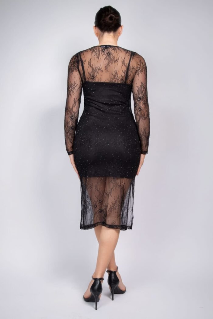 Lace rhinestone-studded slit midi dress