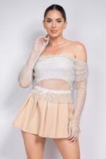 Shirred Off-shoulder Fishnet Top