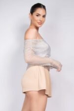 Shirred Off-shoulder Fishnet Top - Image 3