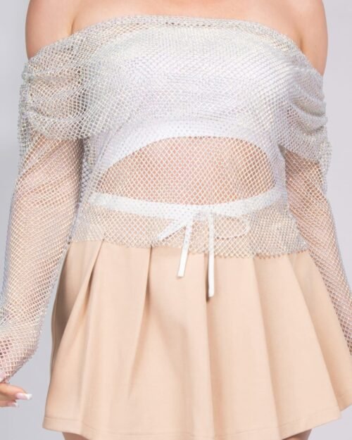 shirred off-shoulder fishnet top