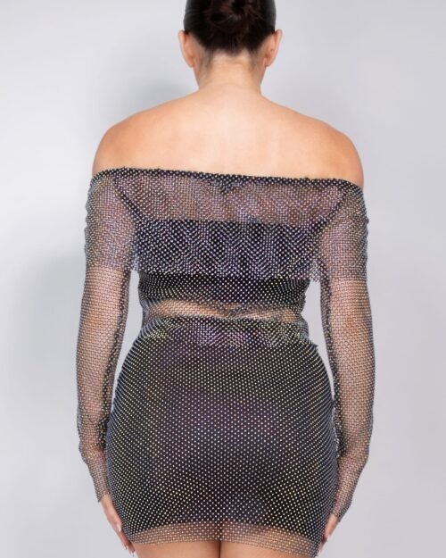 shirred off-shoulder fishnet top