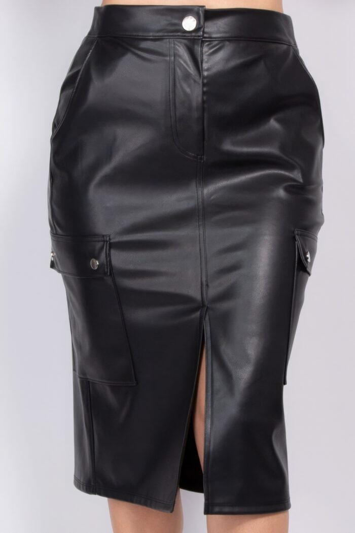 Faux leather high-rise cargo skirt