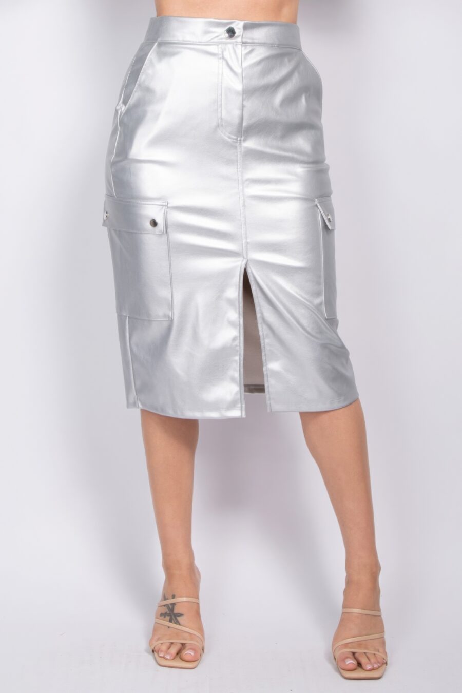 Faux leather high-rise cargo skirt