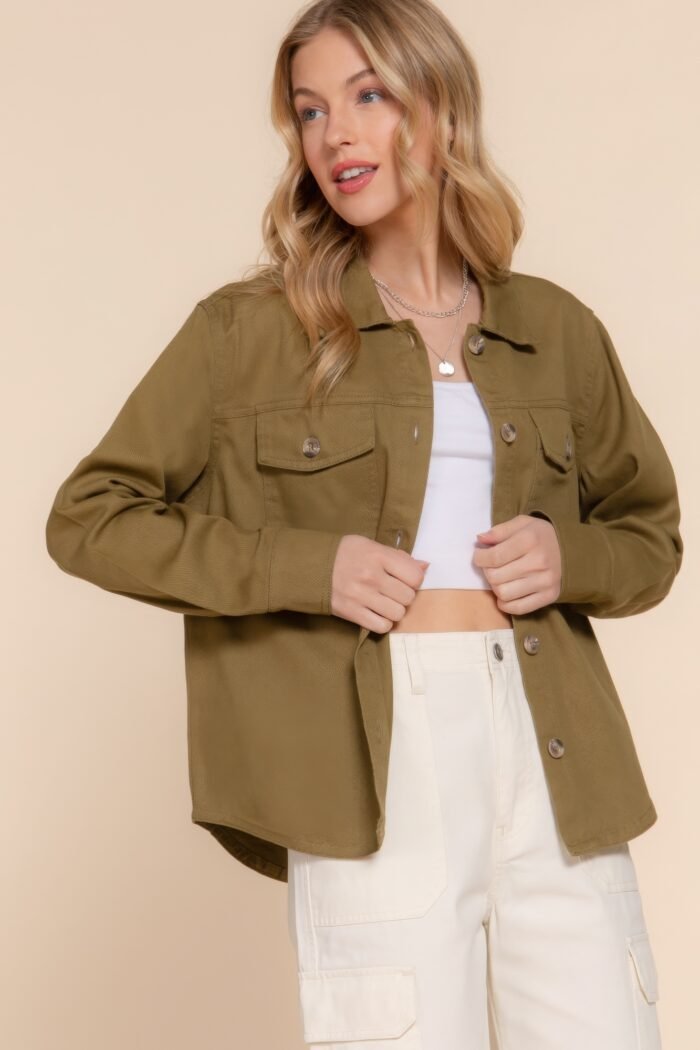 Button down cotton denim shacket