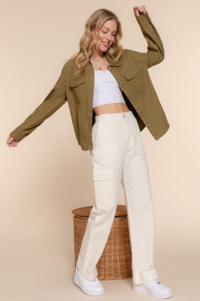 Button down cotton denim shacket