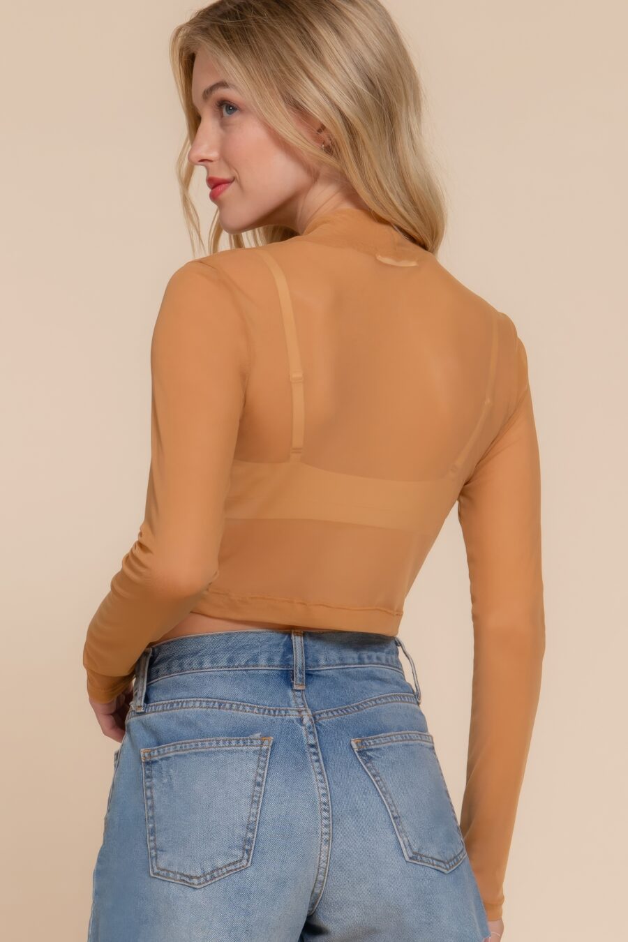 Long sleeve mock neck mesh top