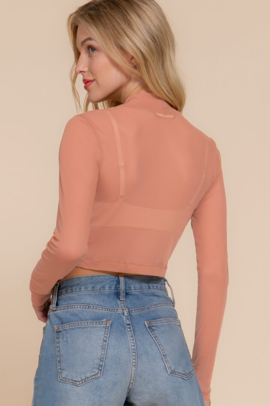 Long sleeve mock neck mesh top